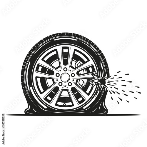 A damaged car tire explodes with sparks and rubber debris