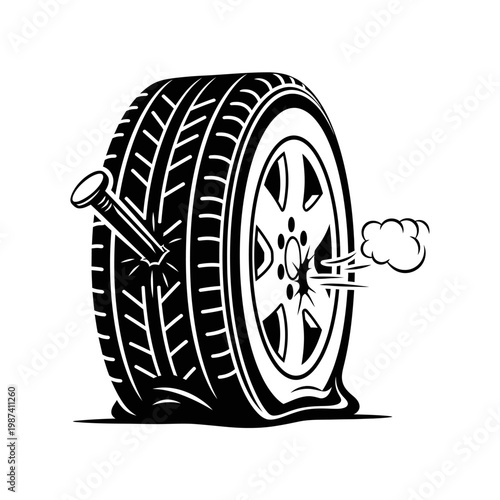 A punctured car tire with a nail showing air escaping rapidly