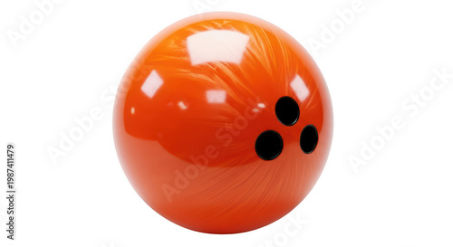 Orange bowling ball with black finger holes, glossy surface, swirling pattern, sports equipment, game accessory, isolated on transparent background.