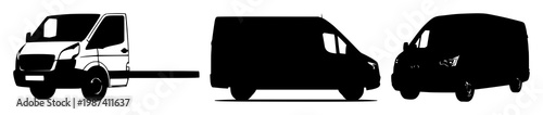 Van set with solid black icon on white background featuring fleet management, transportation, vehicle icons with commercial vans and logistics