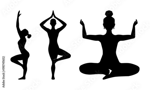 Yoga tree pose silhouette icon set with solid black figure on white background featuring yoga, posture, meditation with simple line and vector illustration