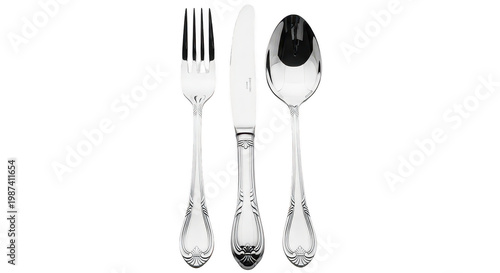 Elegant silver cutlery set including fork knife and spoon with classic vintage pattern isolated on transparent background for luxury dining restaurant menu and table setting design.