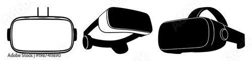 VR headset set with solid black icon on white background featuring technology, gaming, immersive experience with digital devices and virtual reality