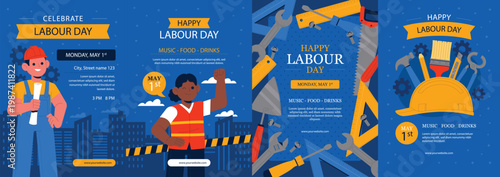 Happy Labour Day poster set with construction workers tools helmet and event details template