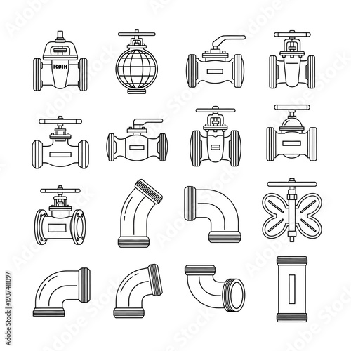 Collection of industrial valves and pipe fittings in linear design