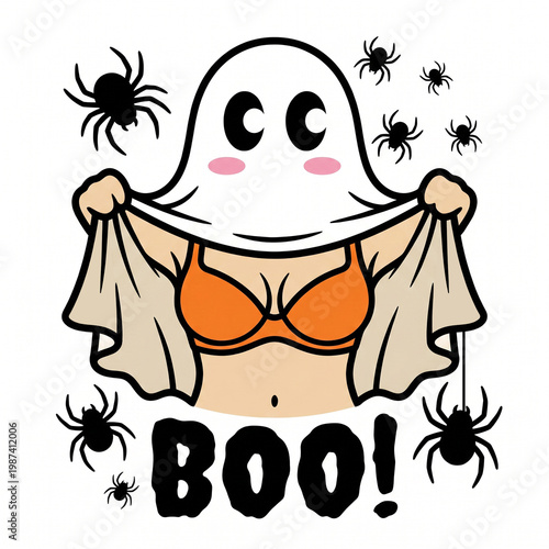 A Kawaii ghost lifting sheet to reveal surprise underneath: cheeky halloween illustration mixing cute style with bold humor.