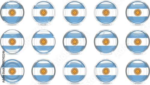 Argentina flag glossy orb icons set with transparent glass effect, circular reflections and modern 3D style buttons for web, apps and digital branding use