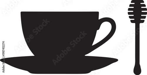 Black tea cup, saucer, and honey dipper vector icons, flat design, simple illustration