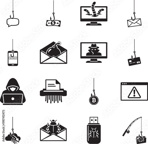 Scam phishing icon set for fraud warning security alert cyber crime protection vector EPS pack design