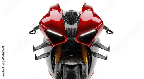 ultra-detailed, futuristic racing superbike in deep candy-apple red and forged carbon fiber, isolated low angle view on white studio background, high-contrast product photography concept of ultimate