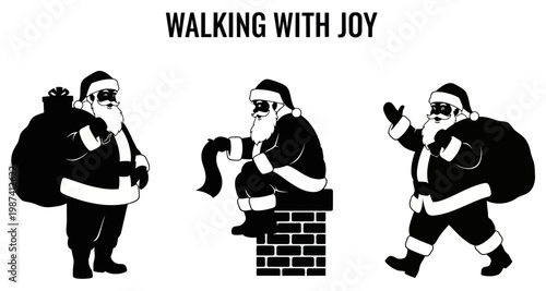 Santa Claus silhouettes in various festive poses with gift sack and chimney scene