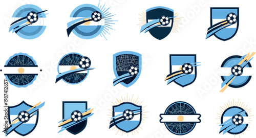 Argentina football badge collection with dynamic motion lines, shield emblems and modern sporty vector icons for soccer teams, tournaments and fan branding design