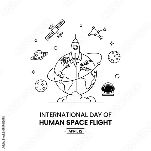 Illustration of space exploration elements with earth and a rocket launch