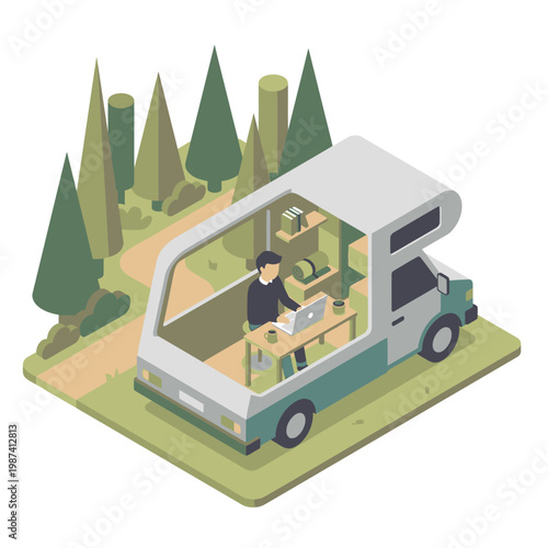 Isometric Digital Nomad Working in Camper Van Workspace Vector Illustration