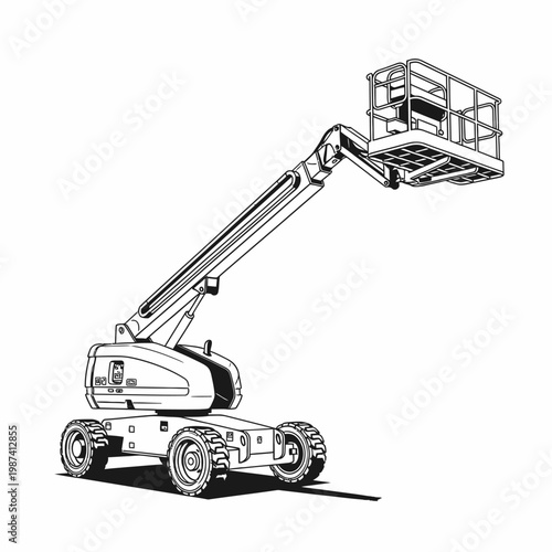 Black and white illustration of a telescopic boom lift machine