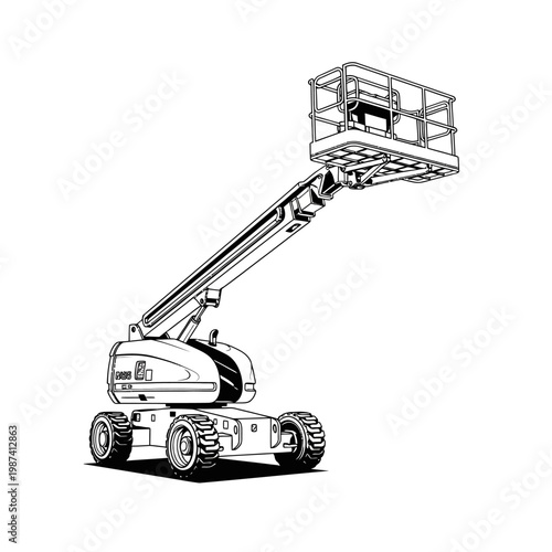Line art illustration of a telescopic boom lift on wheels