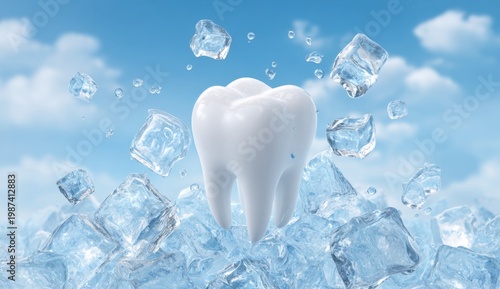 White Tooth Surrounded by Ice Cubes Against a Light Blue Background with Soft Clouds