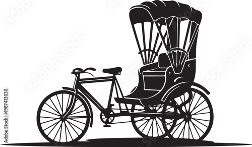 Vintage Rickshaw Bicycle, Black Vector Illustration, Transportation Icon, City Travel Symbol