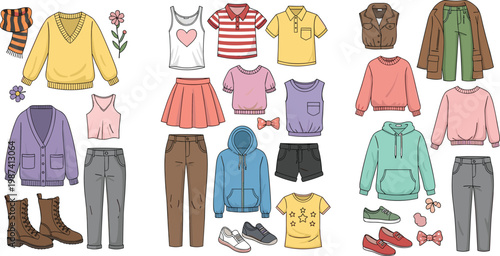 Trendy Women Clothing Collection Set with Casual Outfits, Sweaters, Hoodies, Skirts, Pants, Shoes and Accessories for Fashion Design and Apparel Illustration