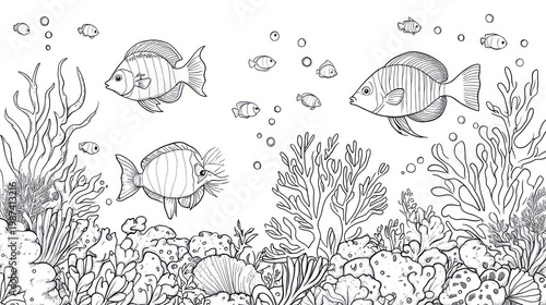 Undersea scene outlined fish swim above coral reef with seaweed, bubbles in the water