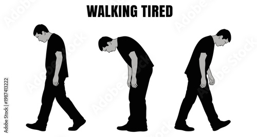 Silhouette of a man walking with fatigue and exhaustion during the day