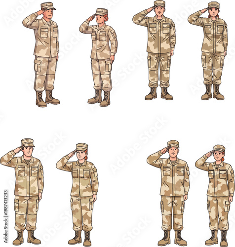 Flat vector illustration collection of male and female military soldiers in desert camouflage uniforms standing and saluting from various angles