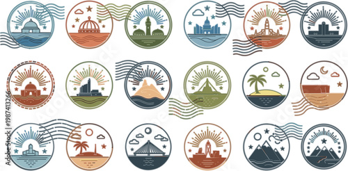 Travel destination badge set with famous landmarks, scenic landscapes and retro postal stamp style icons for tourism branding, vacation themes and global exploration design
