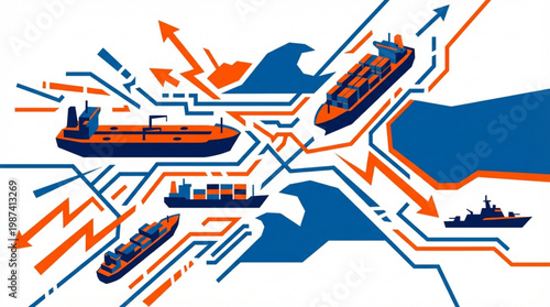 Cargo ships in transportation network.