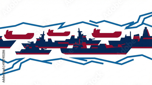 Warships and aircraft on the ocean.