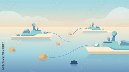 Icebergs floating in the ocean water.