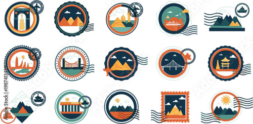 Adventure travel badge collection with mountains, landscapes and outdoor scenes in flat vector style for tourism branding, exploration themes and nature design projects