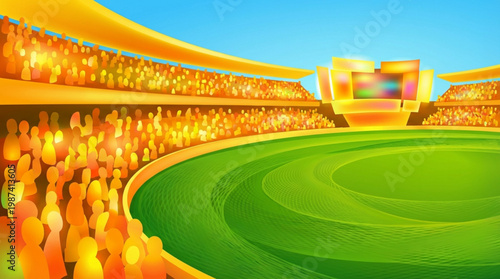 Green sports field with audience seats.