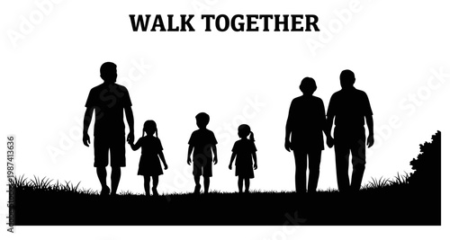 Silhouetted family walking together during a sunny day in a grassy field with trees