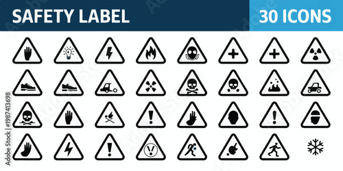 Comprehensive vector collection featuring thirty distinct triangular safety warning signs and hazard symbols designed for industrial and workplace safety compliance and awareness