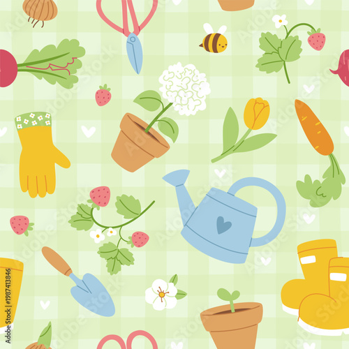 Cottagecore pattern with gardening tools. Cute gardening pattern.
