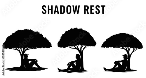 Silhouetted figures resting peacefully under lush trees during daylight