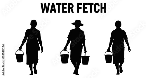 Silhouetted individuals carrying buckets across a plain background during daily chores