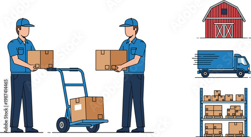 Warehouse Delivery and Storage Logistics Set with Workers Carrying Boxes Hand Truck Cargo Van and Inventory Shelving Flat Vector Illustration