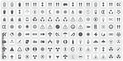 A comprehensive grid of 80 black and white icons representing various symbols and signs for different industries and concepts