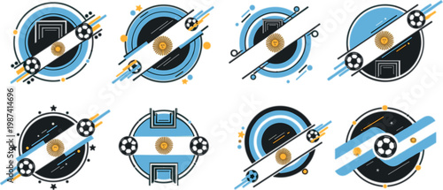 Argentina flag futuristic tech badges set with circular HUD elements, digital interface style icons and modern geometric compositions for branding and innovation themes