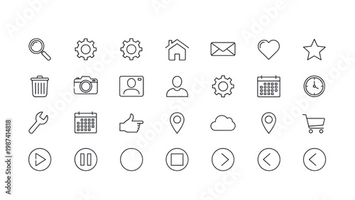 Black Silhouette Vector Digital Icons Set. A comprehensive set of modern digital icons, crafted with clean lines and a minimalist aesthetic, perfect for web design and user interface applications. 