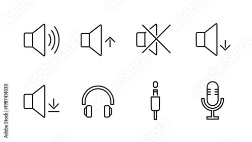 Black Silhouette Vector Audio Essentials icon set: A collection of simple, black-and-white icons for audio controls, from sound level adjustments to microphone input and audio output.