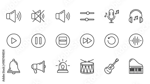 Black Silhouette Vector Sound Icon Set. A comprehensive collection of meticulously designed icons representing a diverse array of audio elements perfect for digital interfaces and multimedia projects.