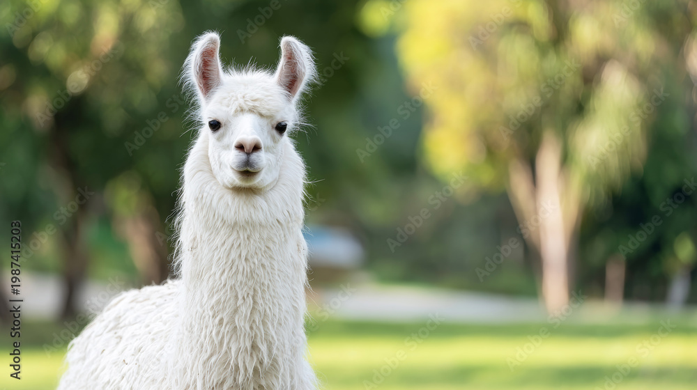 Obraz premium White llama standing in a natural environment, watching viewers with curiosity. Its soft fur catches the sunlight