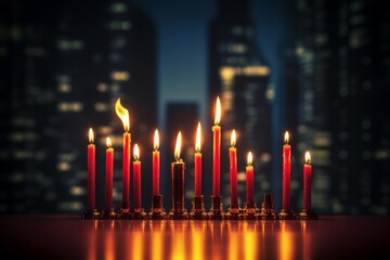 Glowing hanukkah menorah candles reflecting on a surface with city lights in the background