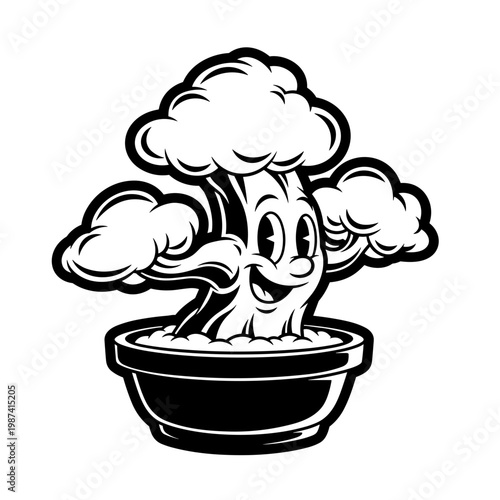 Vintage Cartoon Broccoli Plant in Pot Mascot Happy Black and White Illustration