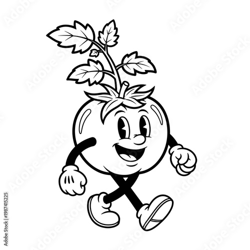 Vintage Cartoon Walking Tomato Mascot Happy Black and White Illustration