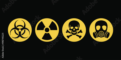 Set of four hazard warning symbols including biohazard, radioactive, toxic, and gas mask icons on a black background