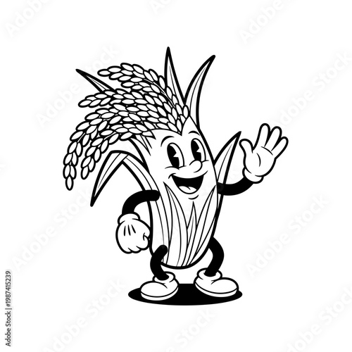 Vintage Cartoon Rice Stalk Mascot Waving Happy Black and White Illustration