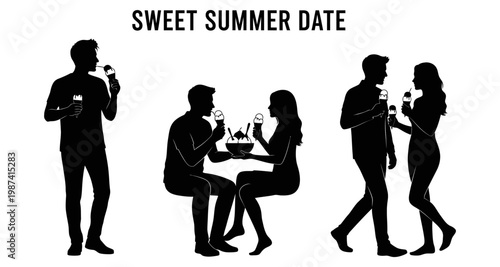 Silhouettes of couples enjoying ice cream during a sweet summer date
